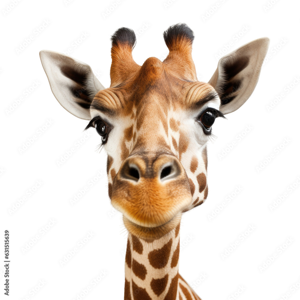 Fototapeta premium Curious giraffe peers above, isolated on white backround.