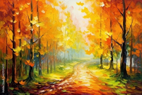 Beautiful autumn landscape with orange  green and yellow autumn trees and sun oil painting. Colorful foliage in the forest. natural background - Generative AI
