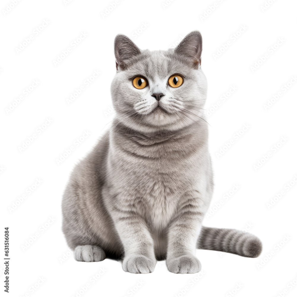 A British shorthair cat on a white backround has a Cheshire like smile. A skittish gray cat is resting alone, for advertisement purposes.