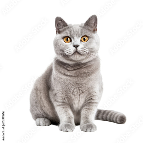 A British shorthair cat on a white backround has a Cheshire like smile. A skittish gray cat is resting alone, for advertisement purposes.