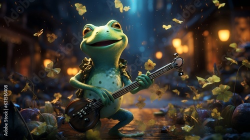 A cartoon art style image of a lively frog playing a tiny saxophone, surrounded by musical notes and a jazzy atmosphere photo