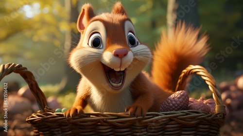 A cartoon art style image of a mischievous squirrel stealing an oversized acorn from a picnic basket