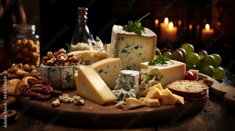 An appetizing close-up cinematic photography commercial setting featuring a luscious cheese board with a variety of artisanal cheeses