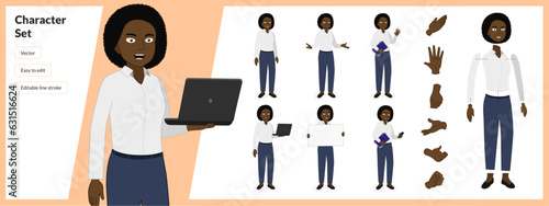 Illustration of black woman, wearing business casual clothing in a set of multiple poses. Easy to edit with editable line strokes and isolated on white background. Suitable for animation.