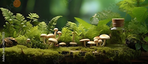 A natural scene with moss, leaves, and green grass, featuring ginseng roots and reishi mushrooms.