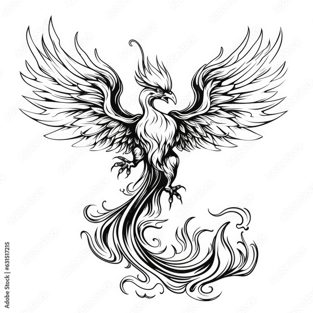 a drawing of a phoenix in black and white. Tattoo idea for a fantasy theme. a drawing of a phoenix in black and white. Tattoo idea for a fantasy theme.
