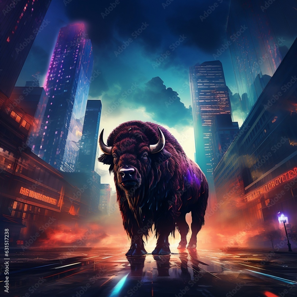 A dynamic high-angle shot of a Bison transformed by Synthwave colors, showcasing its majestic presence against a futuristic cityscape - obrazy, fototapety, plakaty 