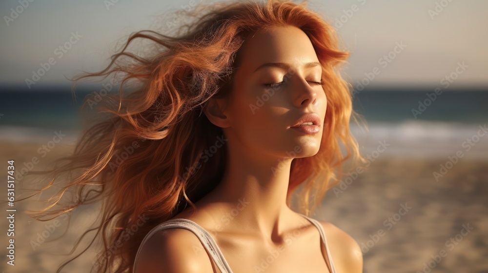 Close up of beautiful redhead girl breathing on the beach Close up of beautiful redhead girl breathing on the beach