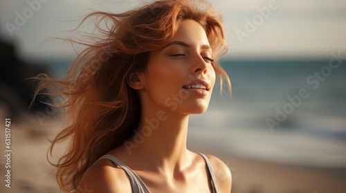 Close up of beautiful redhead girl breathing on the beach