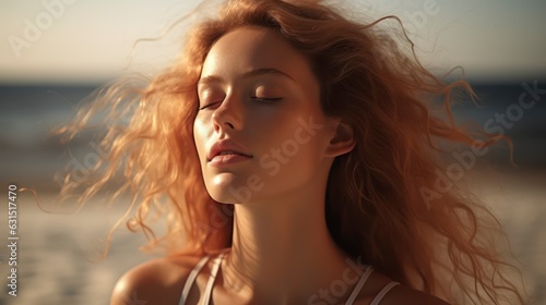 Close up of beautiful redhead girl breathing on the beach
