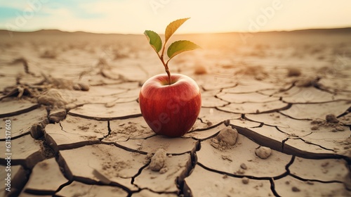 An apple on a dry and cracked desert soil. Food insecurity, water supply shortage, hunger, drought, climate change and desertification concept. generative ai photo
