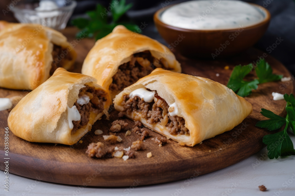 Bourekas, a traditional Middle Eastern appetizer, are delicious homemade snacks made with spiced ground beef and onion stuffing. They are baked to a crispy, golden perfection