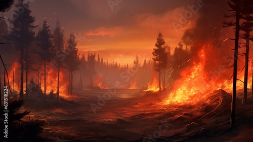 fire. wildfire, burning pine forest in the smoke and flames. generative ai