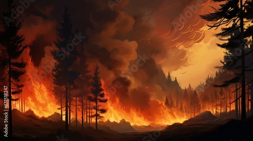 fire. wildfire, burning pine forest in the smoke and flames. generative ai © Chingiz