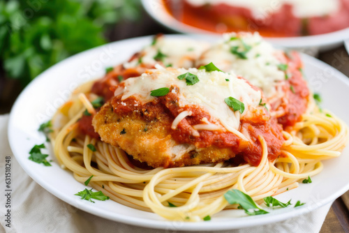 A mouth-watering close-up of a crispy breaded Chicken Parmesan, topped with melted mozzarella and garnished with fresh herbs and lemon wedges, capturing the essence of Italian cuisine.