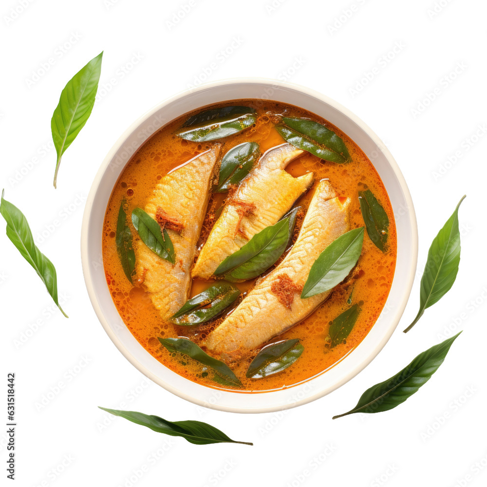 Isolated white bowl with Seer fish curry, a traditional Indian dish