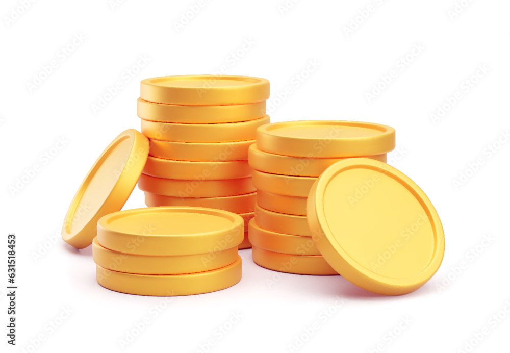 Stacked gold blank metal coins, 3D realistic money, cash, treasure heap ...