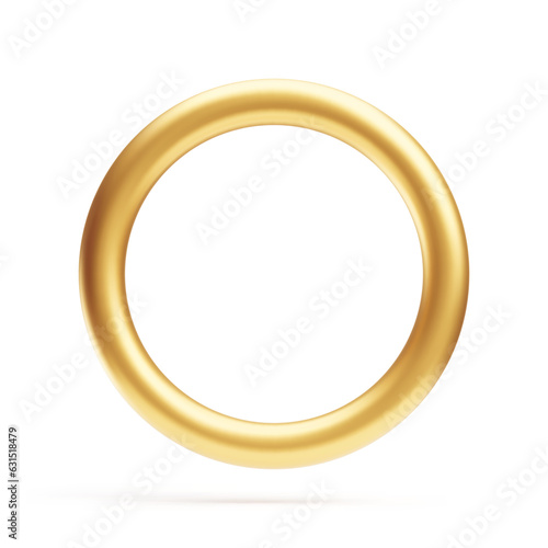 3d gold shiny ring, decorative design element, golden jewelry. Round metal sparkling frame, three dimensional metallic object realistic vector illustration on white background