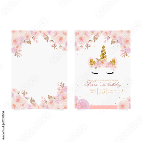 1st birthday party invitation with beautiful unicorn surrounded with glitters and roses