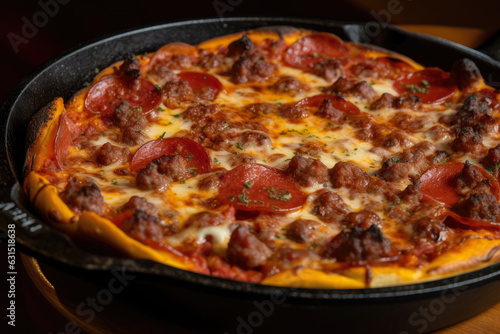 A delicious deep-dish pizza with layers of pepperoni, sausage, cheese, and tomato sauce, baked in a cast iron skillet, captured in a mouthwatering close-up.