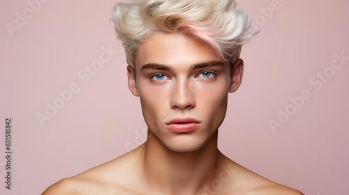 Transgender young guy with makeup on pink background