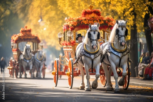 Colorful parades of ornate horse-drawn carriages and costumed performers, marking the grand opening of the Oktoberfest celebrations - Generative AI