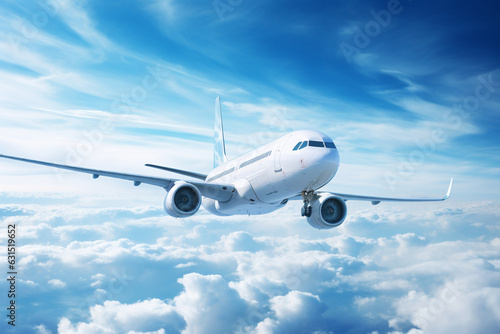 White passenger airplane flying in the sky amazing clouds in the background - Travel by air transport  aesthetic look