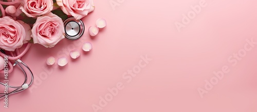 A top-down view of roses with a stethoscope on a pink background, with space for text. Celebrating