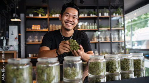 Smiling man Thai ethnicity works in shop selling medical marijuana, cannabis.