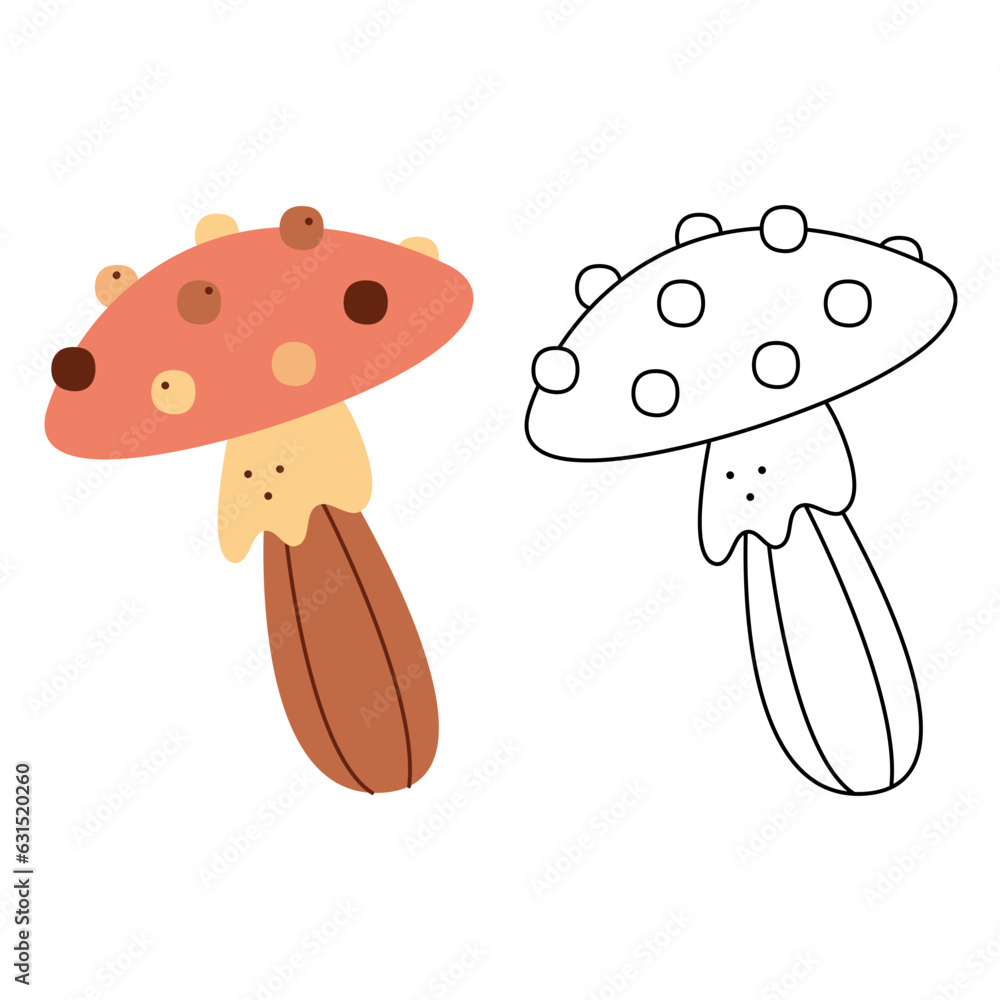 Small set with abstract fly agaric. Black and white and color clipart vector illustration. Small set with abstract fly agaric. Black and white and color clipart vector illustration.