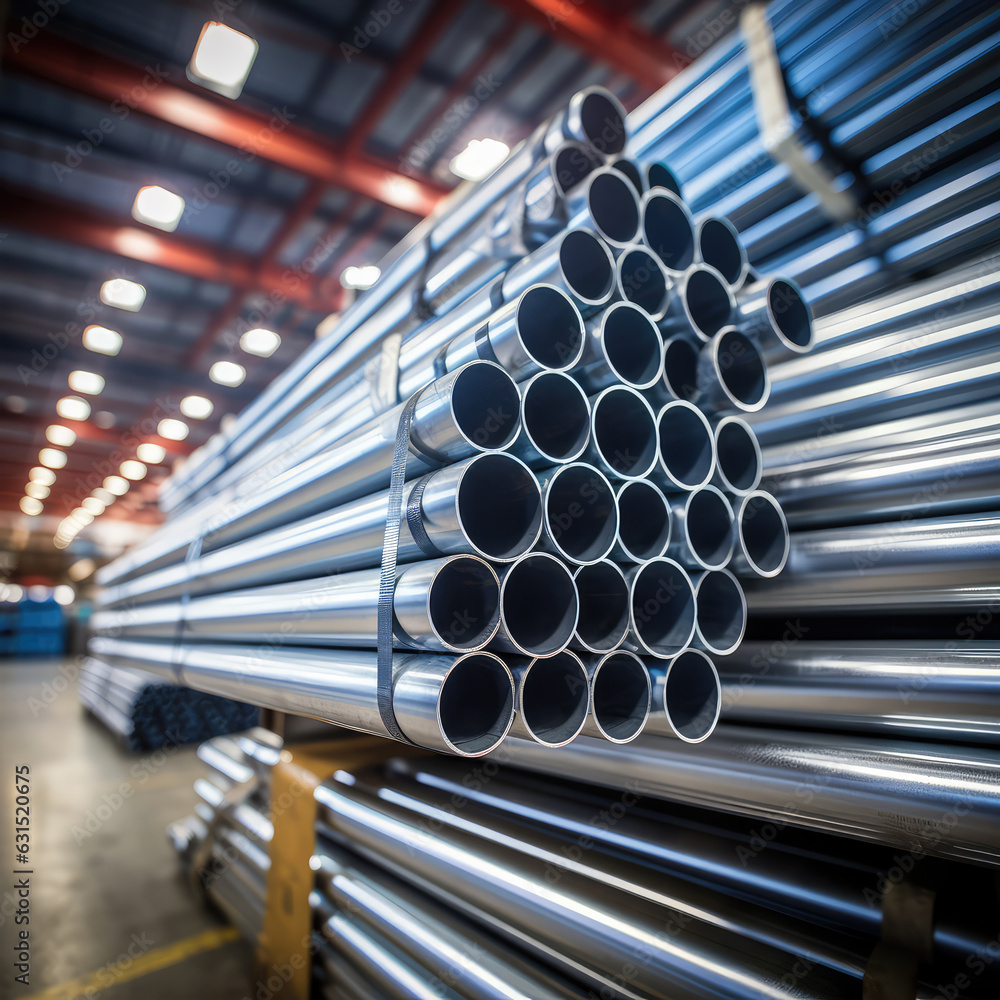 Industrial Pipeline Awaits: Stack of Galvanized Steel, Aluminum, and Chrome Stainless Pipes in Warehouse for Shipment Industrial Pipeline Awaits: Stack of Galvanized Steel, Aluminum, and Chrome Stainless Pipes in Warehouse for Shipment