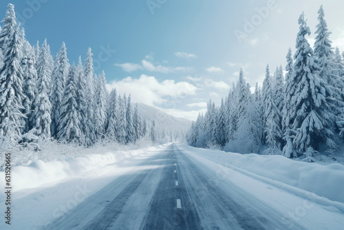 Wide shot of a road fully covered by snow with pine trees on both sides and car traces, aesthetic look © alisaaa
