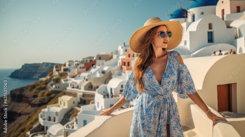 Sea view photo of young girl vacationing in Santorini