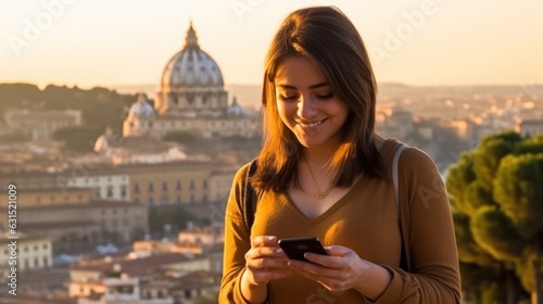 Fototapeta Naklejka Na Ścianę i Meble -  Young woman holding phone in front of Rome cityscape