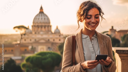 Young woman holding phone in front of Rome cityscape