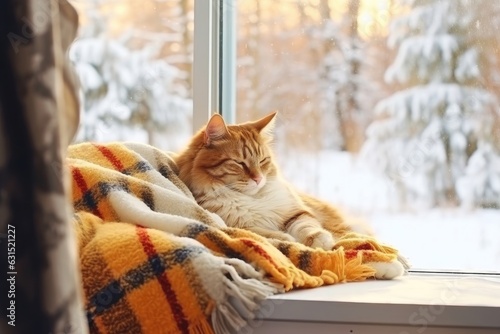 Ginger cat sleeps on warm comfy windowsill on a winter day