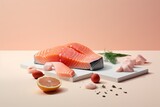 Diferentes cortes de filetes de salmón prestado de forma profesional, sashimi aislado con fondo rosa aesthetic con sombras, lonja de pescado de lujo