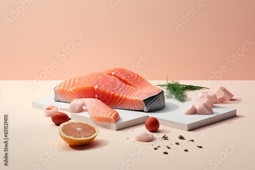 Diferentes cortes de filetes de salmón prestado de forma profesional, sashimi aislado con fondo rosa aesthetic con sombras, lonja de pescado de lujo photo