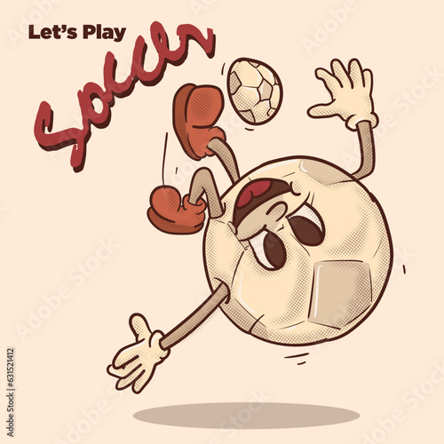 let's play football funky mascot. overhead kick socer ball with face cartoon character mascot vector illustration