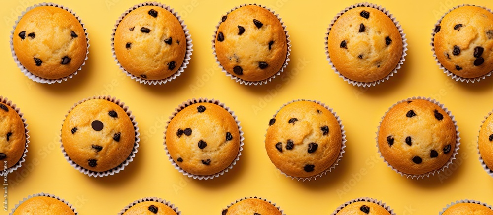 Top-down view of homemade muffins on a yellow background with empty space around them. Top-down view of homemade muffins on a yellow background with empty space around them.