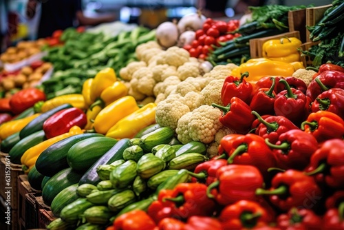 Colorful various fresh organic ripe vegetables at grocery shop for healthy nutrition