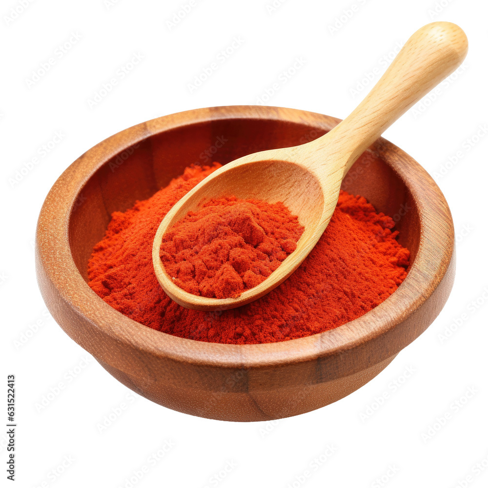 Bell pepper powder in a wooden bowl and spoon, separate on white backround. Bell pepper powder in a wooden bowl and spoon, separate on white backround.