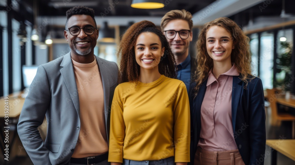 Multi-ethnic group of executive workers standing facing the camera in a coworking space Multi-ethnic group of executive workers standing facing the camera in a coworking space
