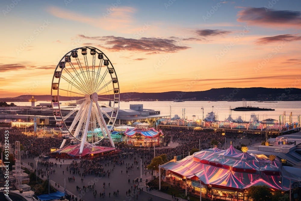 The iconic towering Ferris wheel and thrilling amusement rides, adding an exciting carnival atmosphere to Oktoberfest - Generative AI