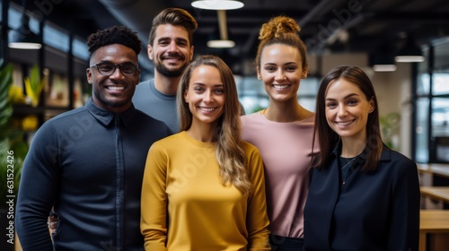Multi-ethnic group of executive workers standing facing the camera in a coworking space