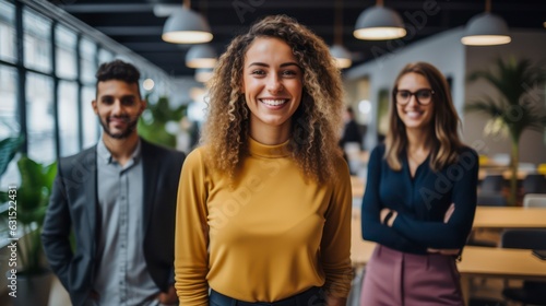 Multi-ethnic group of executive workers standing facing the camera in a coworking space