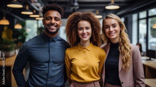 Multi-ethnic group of executive workers standing facing the camera in a coworking space