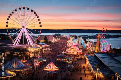 The iconic towering Ferris wheel and thrilling amusement rides, adding an exciting carnival atmosphere to Oktoberfest - Generative AI © Hanjin