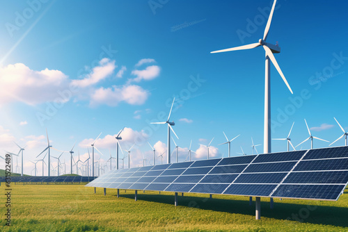 Wind turbines and solar panels farm in a field, Renewable green energy, Sunny landscape, electric energy generator for clean energy producing concept, aesthetic look