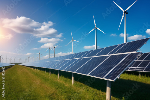 Wind turbines and solar panels farm in a field, Renewable green energy, Sunny landscape, electric energy generator for clean energy producing concept, aesthetic look